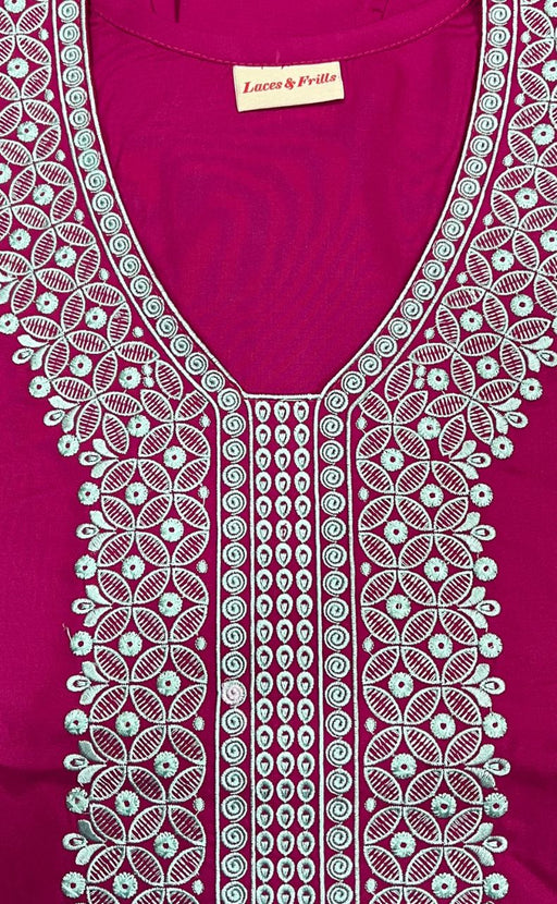 Rani Pink Embroidery Soft Cotton Nighty.Soft Breathable Fabric | Laces and Frills - Laces and Frills