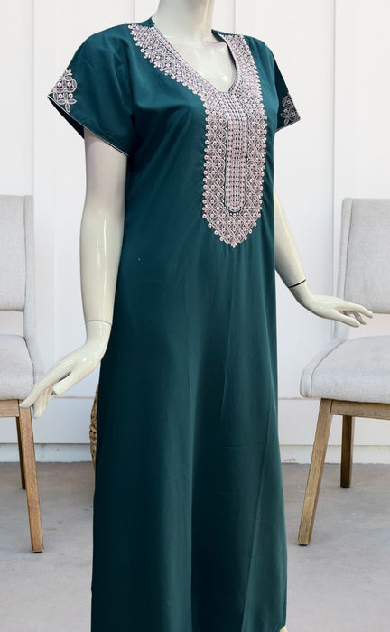 Teal Green Embroidery Soft Cotton Nighty.Soft Breathable Fabric | Laces and Frills - Laces and Frills