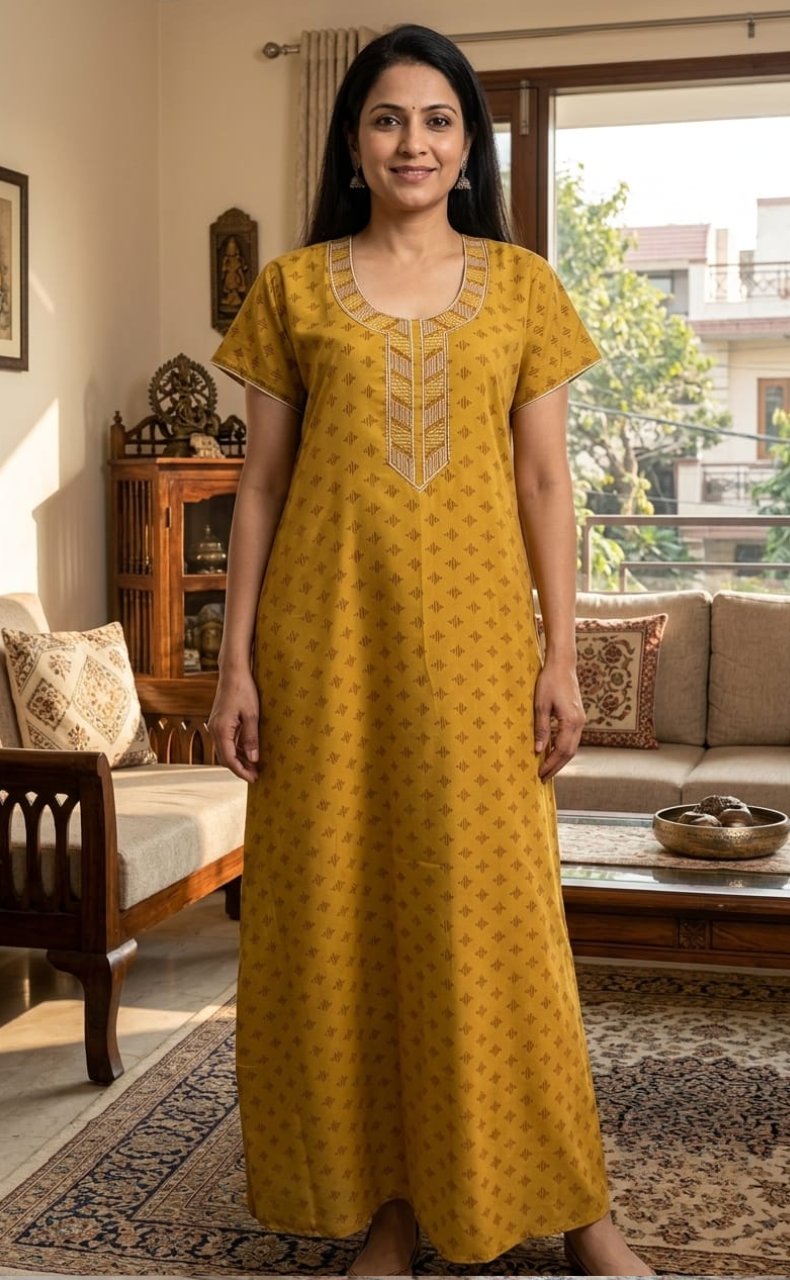 Yellow Soft Cotton Nighty. Soft Breathable Fabric | Laces and Frills