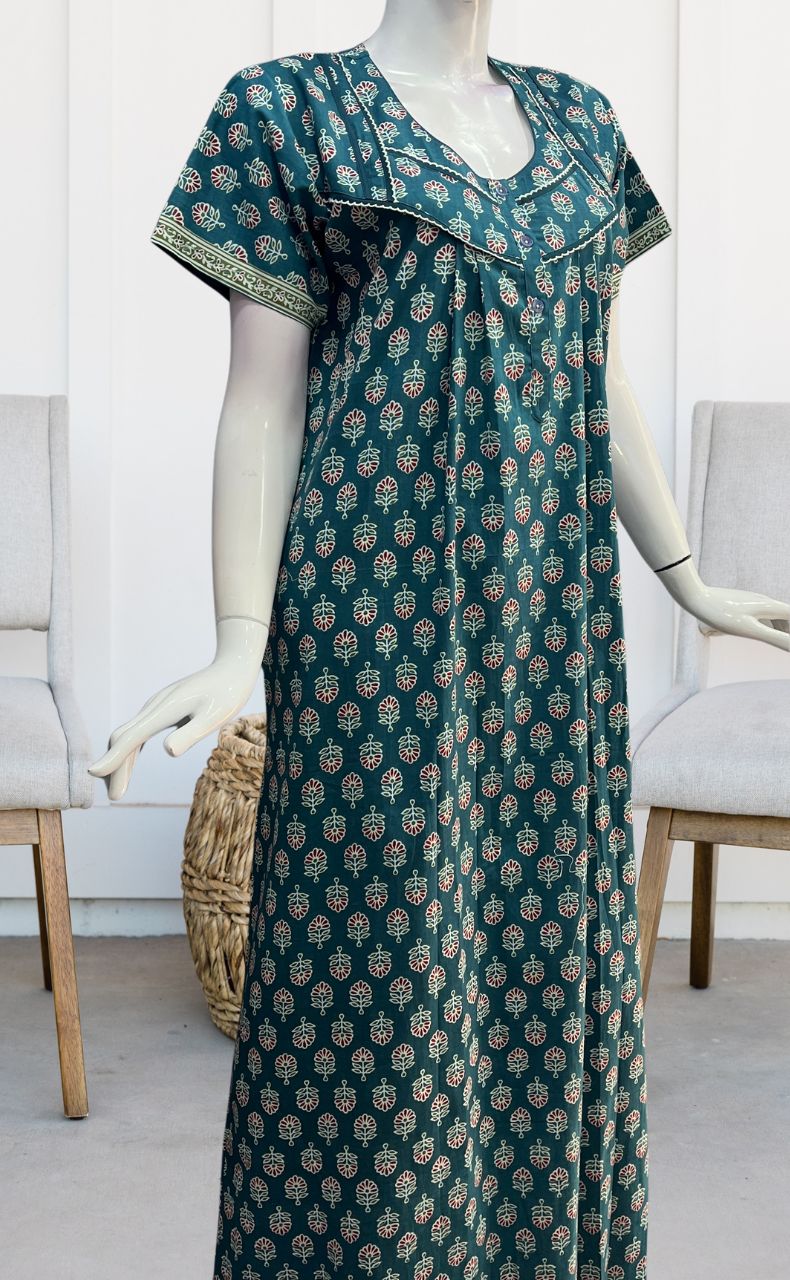 Teal Blue/Maroon Tiny Floral Pure Cotton Nighty. Pure Durable Cotton | Laces and Frills - Laces and Frills