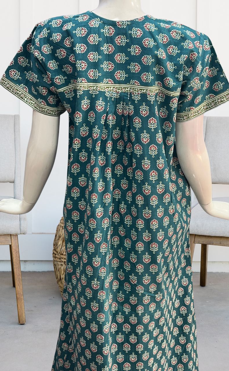 Teal Blue/Maroon Tiny Floral Pure Cotton Nighty. Pure Durable Cotton | Laces and Frills - Laces and Frills
