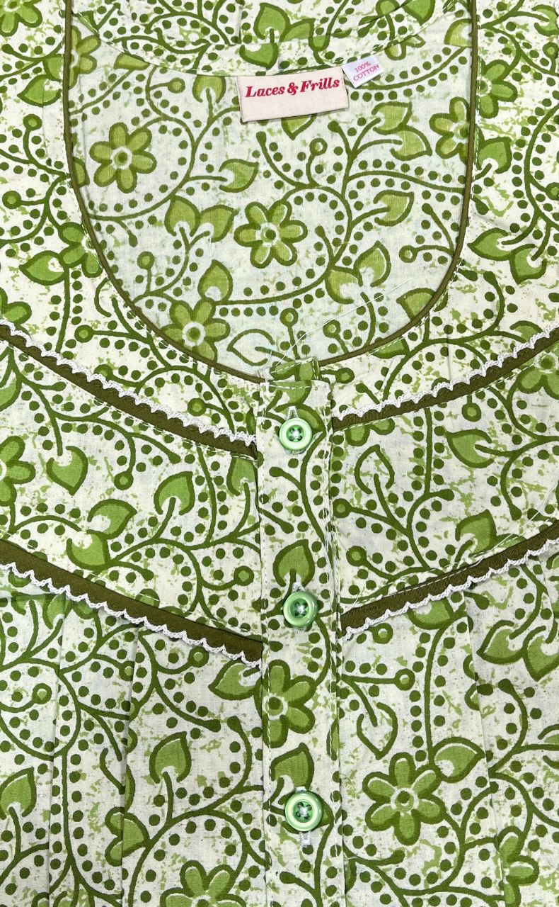 Off White/Green Garden Pure Cotton Nighty. Pure Durable Cotton | Laces and Frills - Laces and Frills