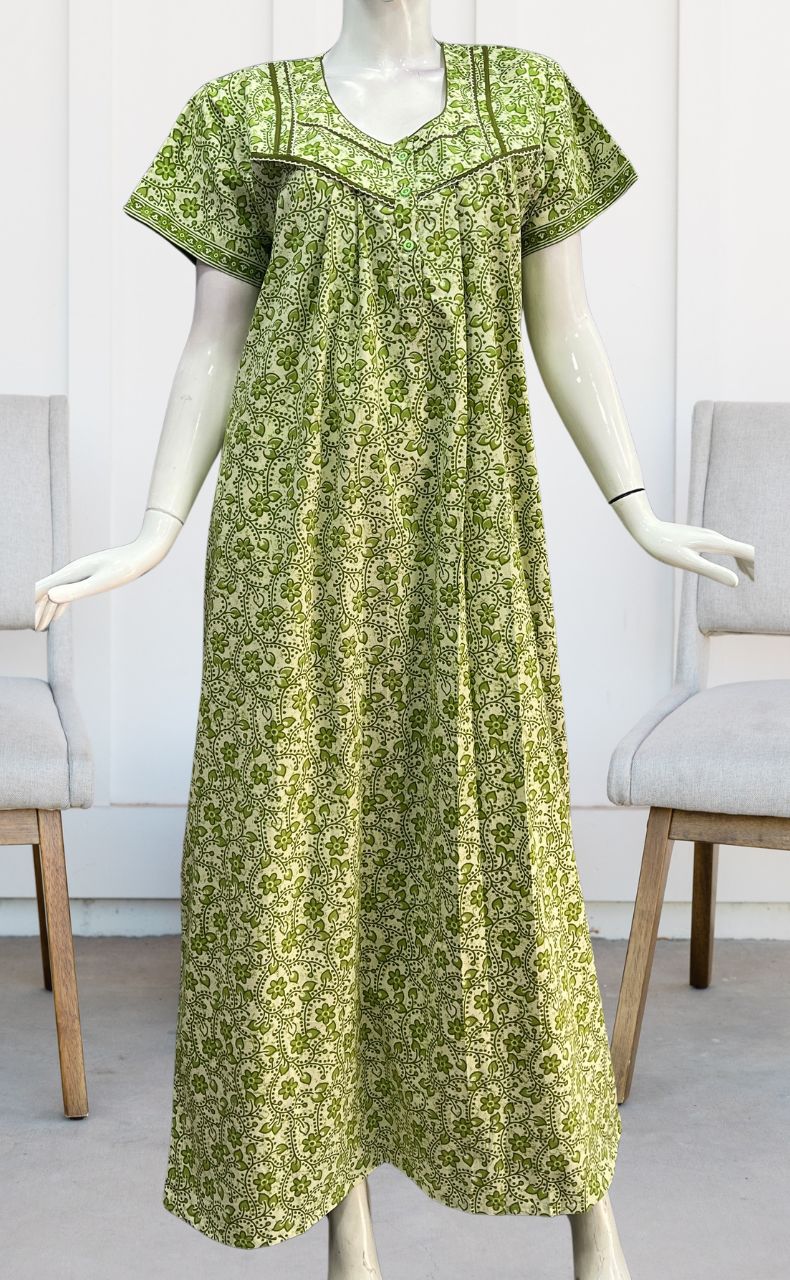 Off White/Green Garden Pure Cotton Nighty. Pure Durable Cotton | Laces and Frills - Laces and Frills