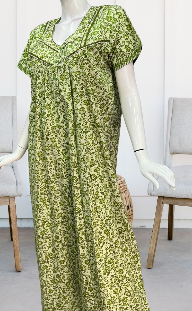 Off White/Green Garden Pure Cotton Nighty. Pure Durable Cotton | Laces and Frills - Laces and Frills