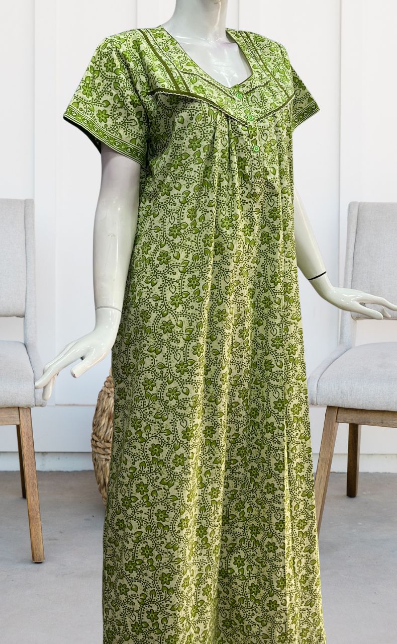 Off White/Green Garden Pure Cotton Nighty. Pure Durable Cotton | Laces and Frills - Laces and Frills