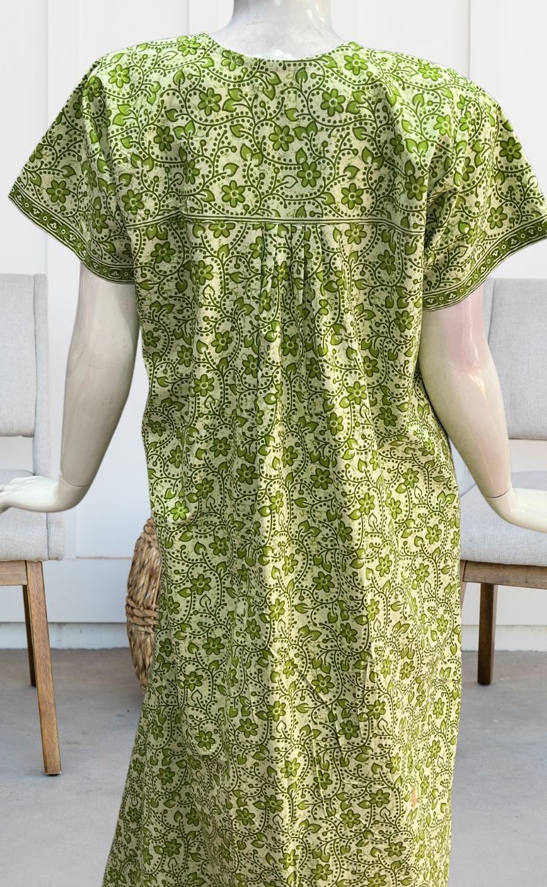 Off White/Green Garden Pure Cotton Nighty. Pure Durable Cotton | Laces and Frills - Laces and Frills