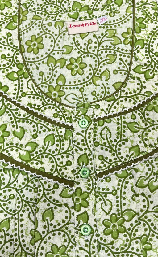 Off White/Green Garden Pure Cotton Nighty. Pure Durable Cotton | Laces and Frills - Laces and Frills