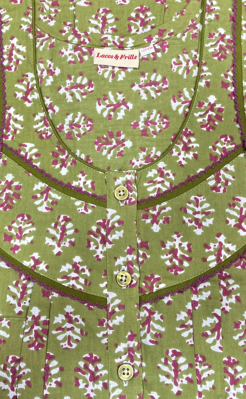 Green/Pink Floral Pure Cotton Nighty. Pure Durable Cotton | Laces and Frills - Laces and Frills