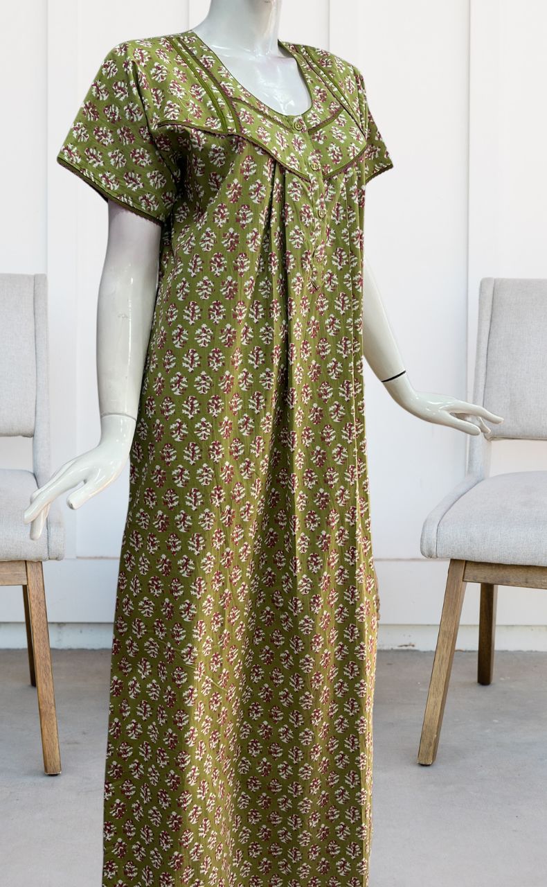 Green/Pink Floral Pure Cotton Nighty. Pure Durable Cotton | Laces and Frills - Laces and Frills