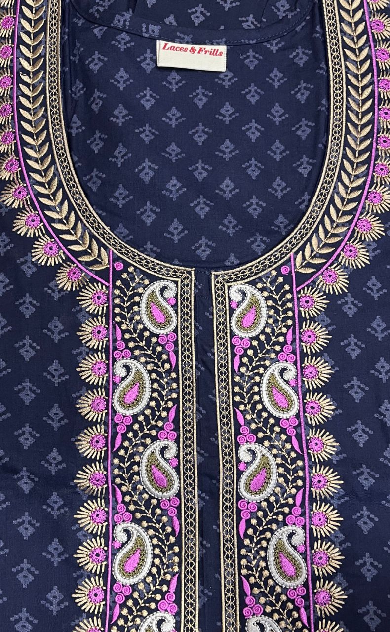 Navy Blue Embroidery Soft Cotton Nighty.Soft Breathable Fabric | Laces and Frills - Laces and Frills