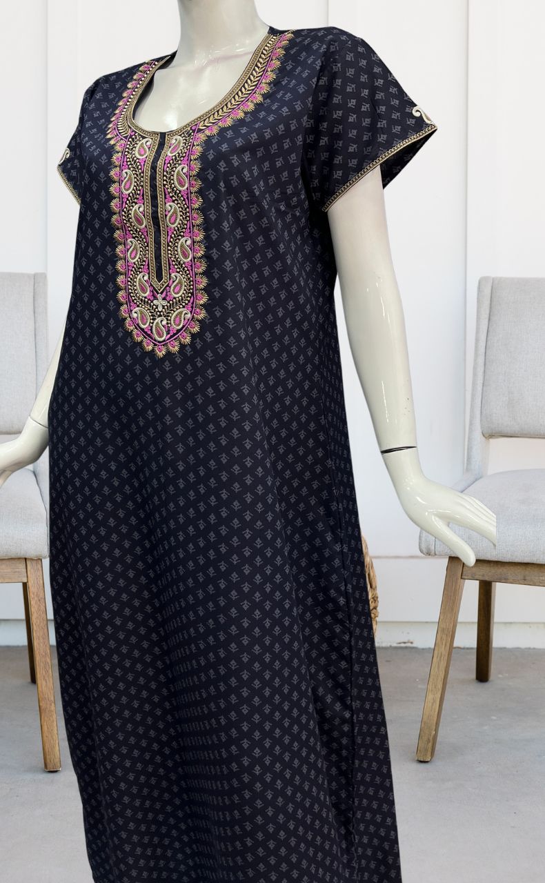 Navy Blue Embroidery Soft Cotton Nighty.Soft Breathable Fabric | Laces and Frills - Laces and Frills