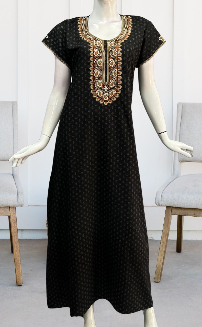 Black Embroidery Soft Cotton Nighty.Soft Breathable Fabric | Laces and Frills - Laces and Frills