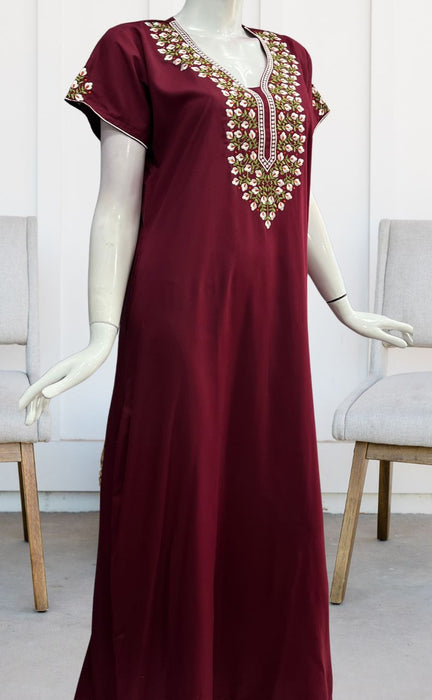 Dark Maroon Embroidery Soft Cotton Nighty.Soft Breathable Fabric | Laces and Frills - Laces and Frills