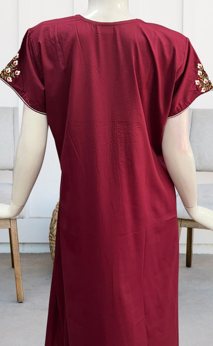 Dark Maroon Embroidery Soft Cotton Nighty.Soft Breathable Fabric | Laces and Frills - Laces and Frills