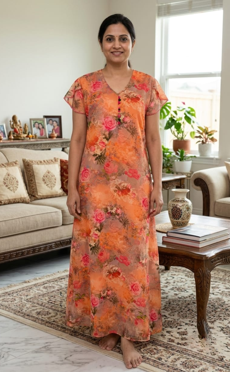 Orange/Pink Floral Garden Chiffon Nighty. Delicate Chiffon | Laces and Frills