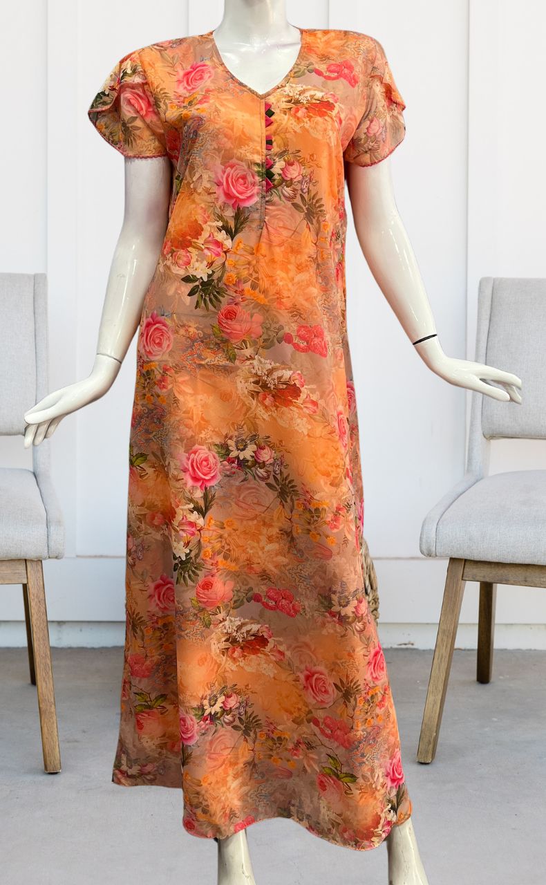 Orange/Pink Floral Garden Chiffon Nighty. Delicate Chiffon | Laces and Frills - Laces and Frills