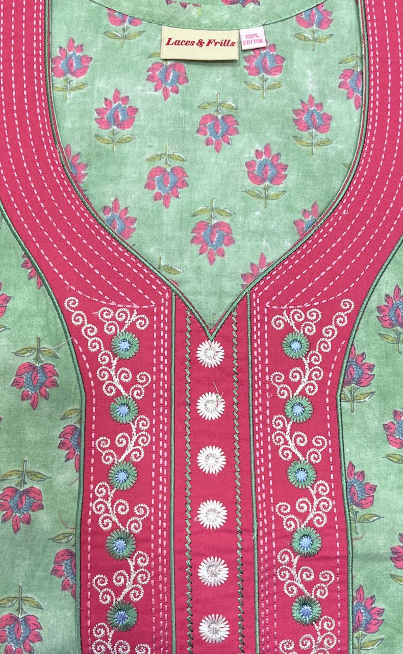 Pista Green/Pink Floral Pure Cotton Nighty. Pure Durable Cotton | Laces and Frills - Laces and Frills