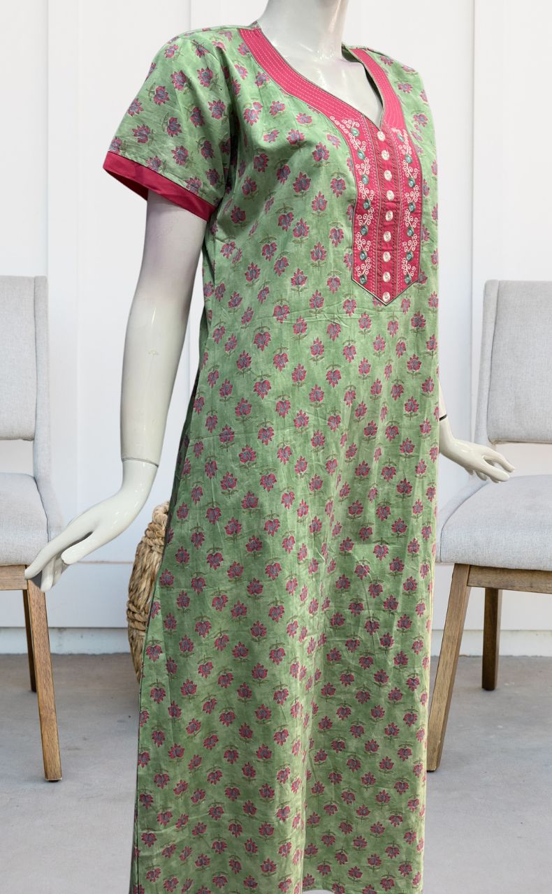 Pista Green/Pink Floral Pure Cotton Nighty. Pure Durable Cotton | Laces and Frills - Laces and Frills