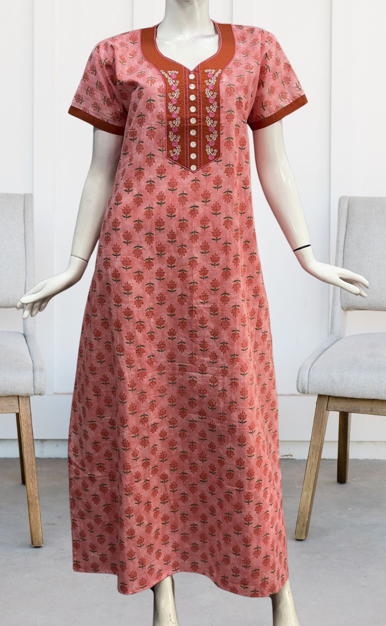 Peach/Orange Floral Pure Cotton Nighty. Pure Durable Cotton | Laces and Frills - Laces and Frills