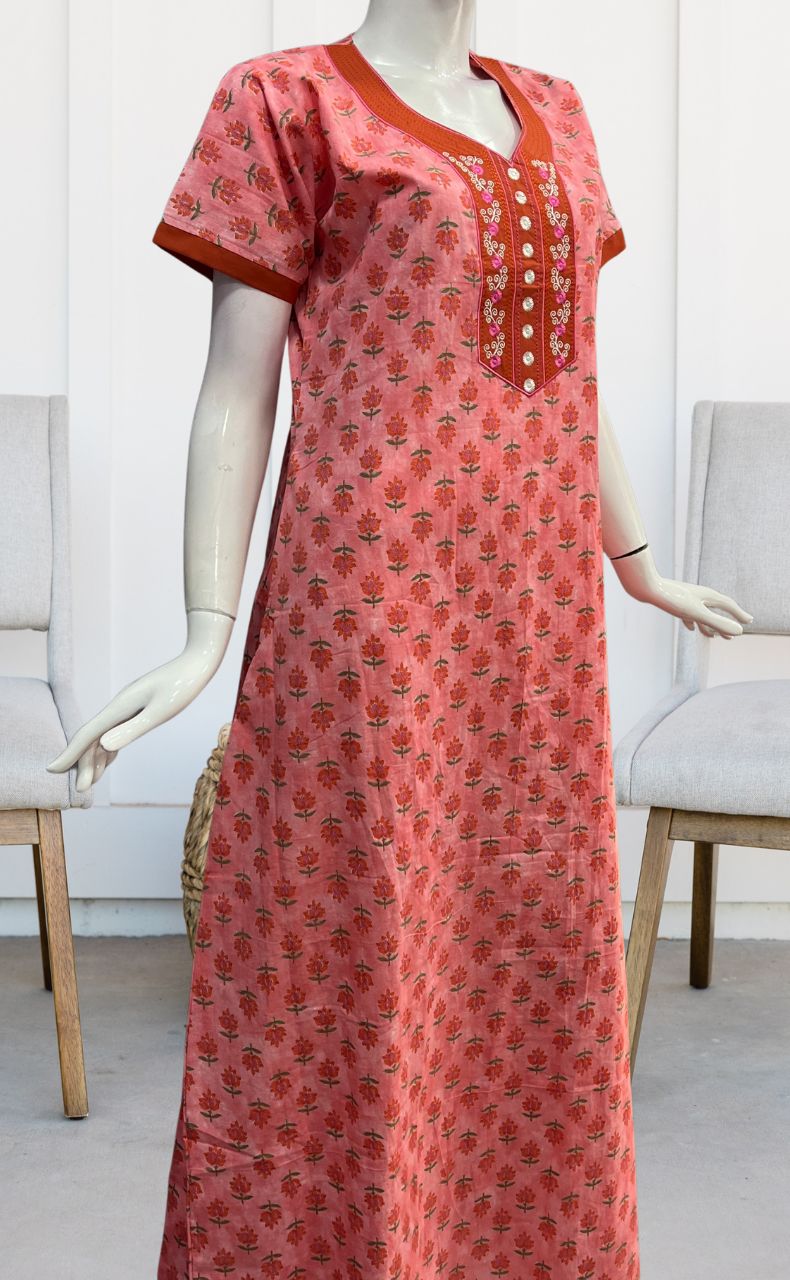 Peach/Orange Floral Pure Cotton Nighty. Pure Durable Cotton | Laces and Frills - Laces and Frills
