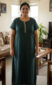 Teal Green/Mustard Tiny Floral Pure Cotton Nighty. Pure Durable Cotton | Laces and Frills - Laces and Frills