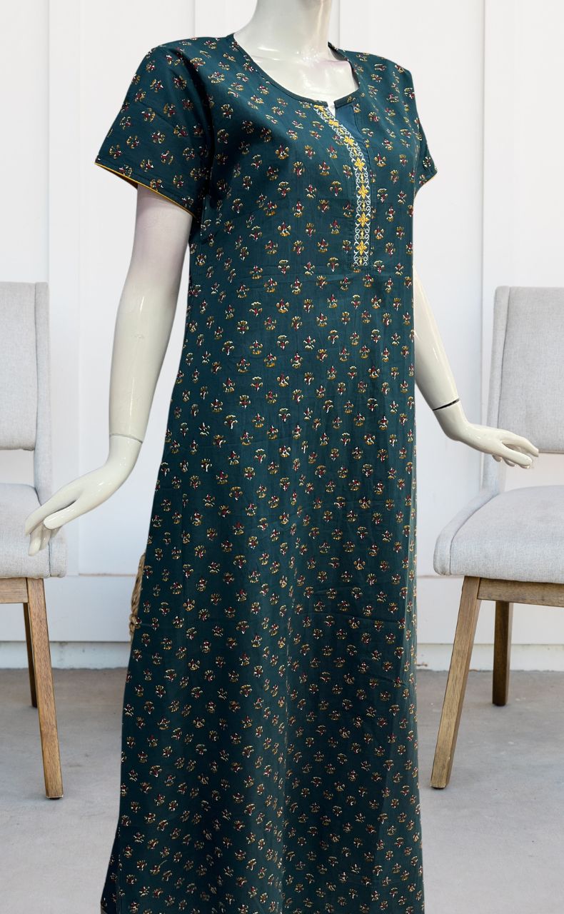 Teal Green/Mustard Tiny Floral Pure Cotton Nighty. Pure Durable Cotton | Laces and Frills - Laces and Frills