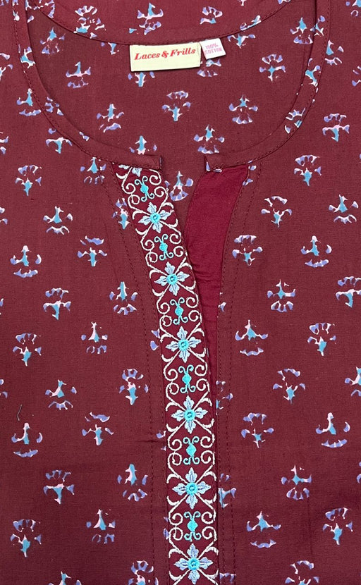 Maroon/Blue Tiny Floral Pure Cotton Nighty. Pure Durable Cotton | Laces and Frills - Laces and Frills