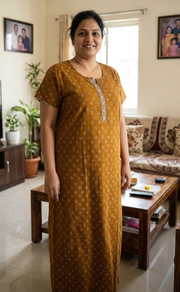 Mustard/Off White Tiny Floral Pure Cotton Nighty. Pure Durable Cotton | Laces and Frills - Laces and Frills