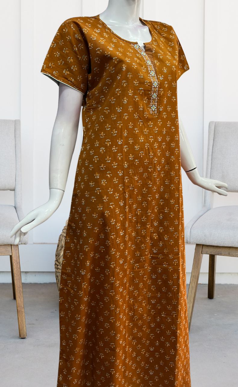 Mustard/Off White Tiny Floral Pure Cotton Nighty. Pure Durable Cotton | Laces and Frills - Laces and Frills