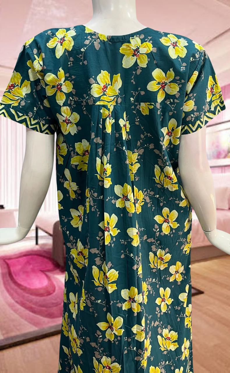 Teal Green/Yellow Garden Pure Cotton Feeding Nursing Nighty . Pure Durable Cotton | Laces and Frills - Laces and Frills