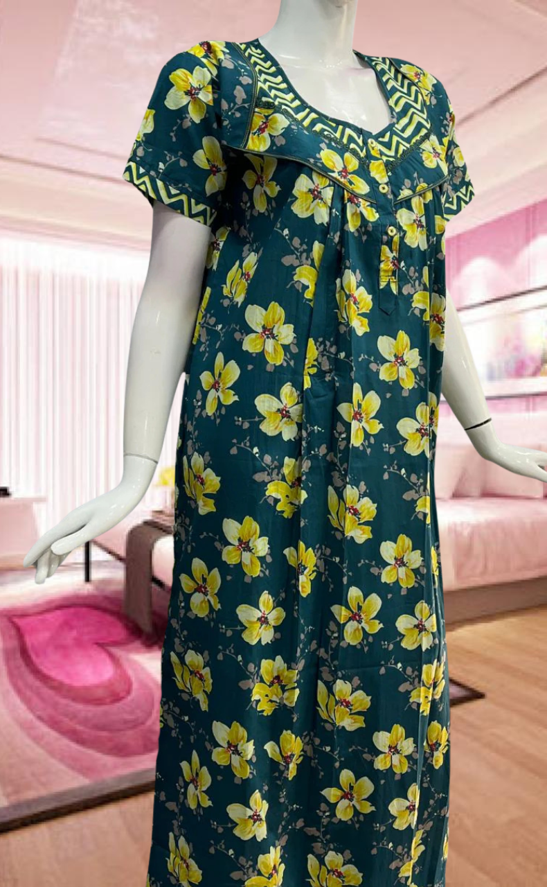 Teal Green/Yellow Garden Pure Cotton Feeding Nursing Nighty . Pure Durable Cotton | Laces and Frills - Laces and Frills
