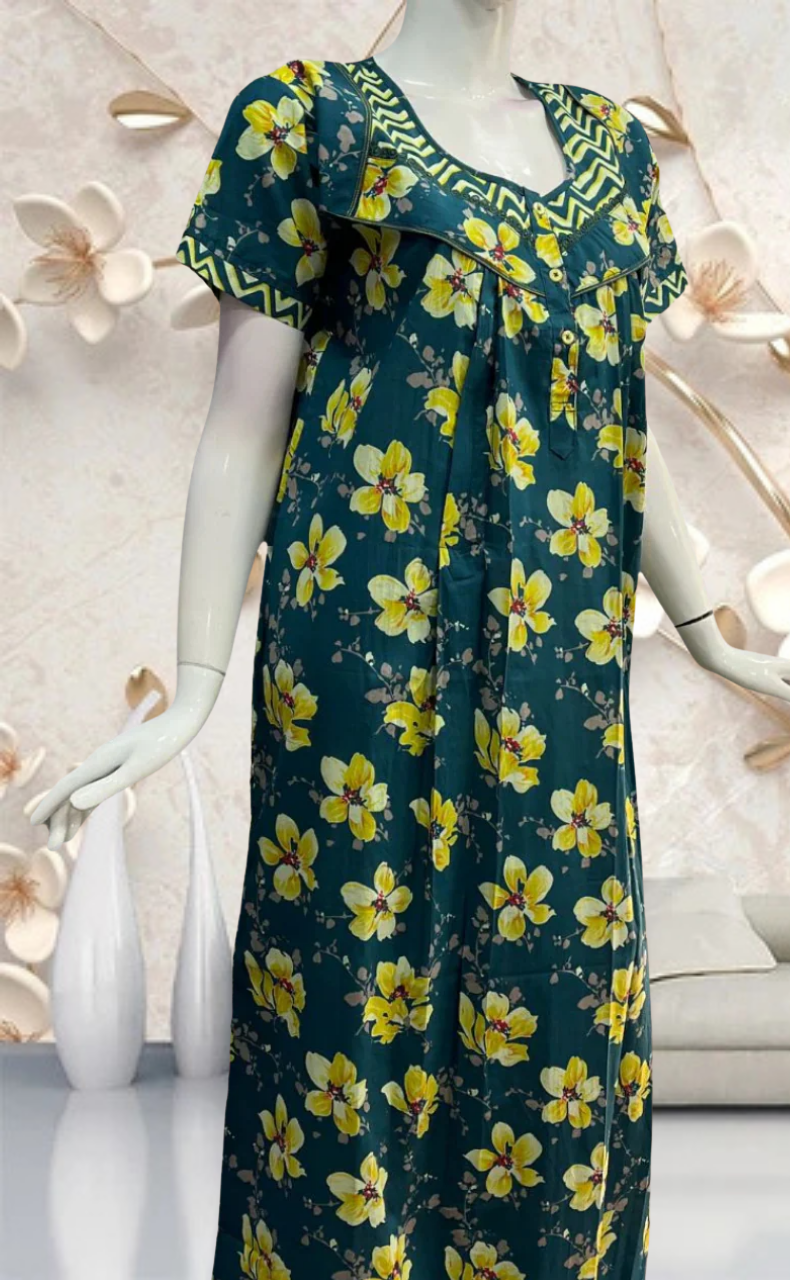 Teal Green/Yellow Garden Pure Cotton Feeding Nursing Nighty . Pure Durable Cotton | Laces and Frills