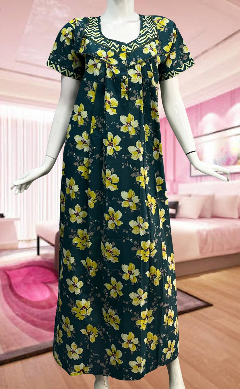 Teal Green/Yellow Garden Pure Cotton Feeding Nursing Nighty . Pure Durable Cotton | Laces and Frills - Laces and Frills