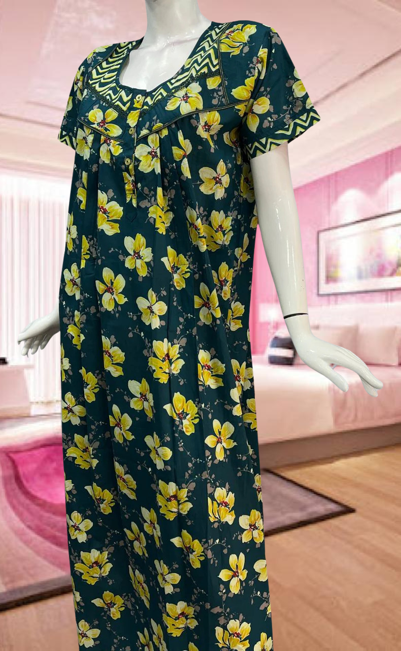 Teal Green/Yellow Garden Pure Cotton Feeding Nursing Nighty . Pure Durable Cotton | Laces and Frills - Laces and Frills