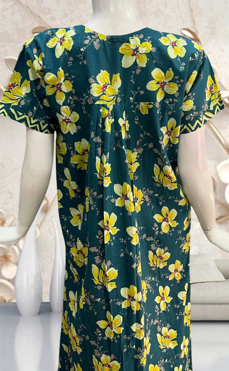 Teal Green/Yellow Garden Pure Cotton Feeding Nursing Nighty . Pure Durable Cotton | Laces and Frills