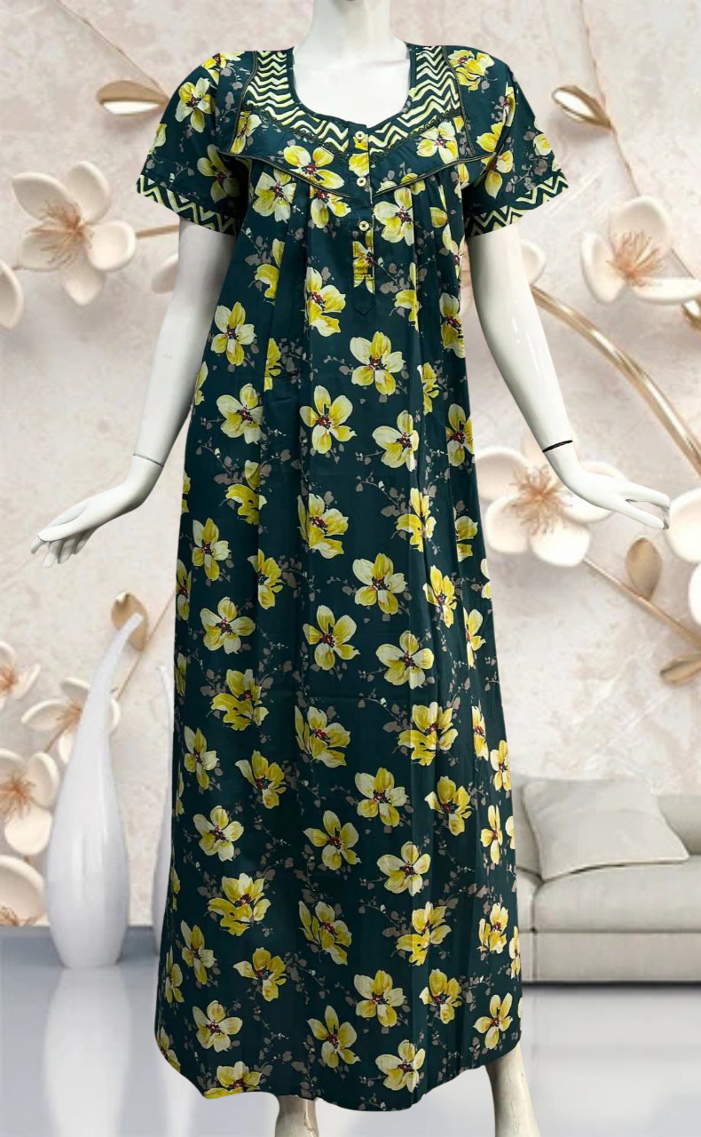 Teal Green/Yellow Garden Pure Cotton Feeding Nursing Nighty . Pure Durable Cotton | Laces and Frills