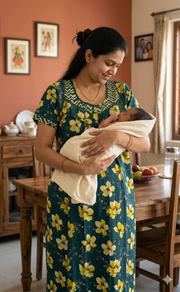 Teal Green/Yellow Garden Pure Cotton Feeding Nursing Nighty . Pure Durable Cotton | Laces and Frills - Laces and Frills