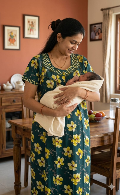 Teal Green/Yellow Garden Pure Cotton Feeding Nursing Nighty . Pure Durable Cotton | Laces and Frills - Laces and Frills