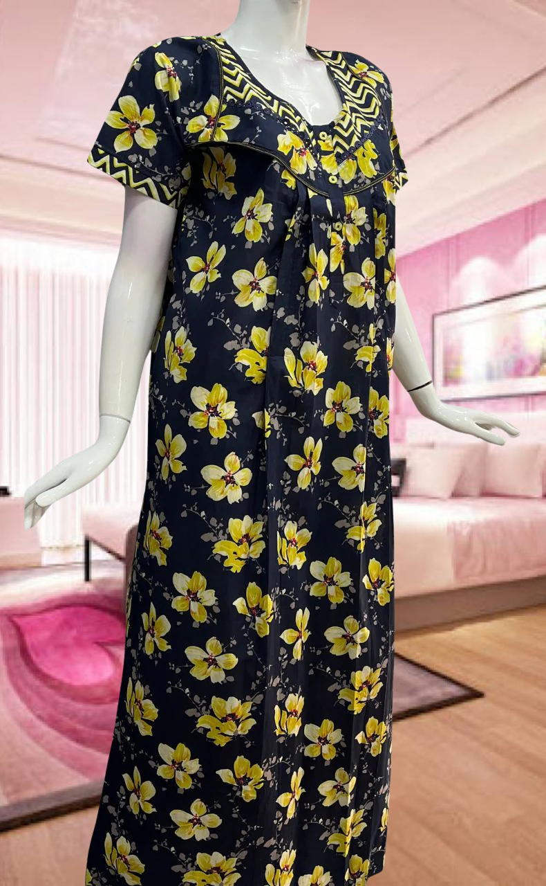 Navy Blue/Yellow Garden Pure Cotton Feeding Nursing Nighty . Pure Durable Cotton | Laces and Frills - Laces and Frills