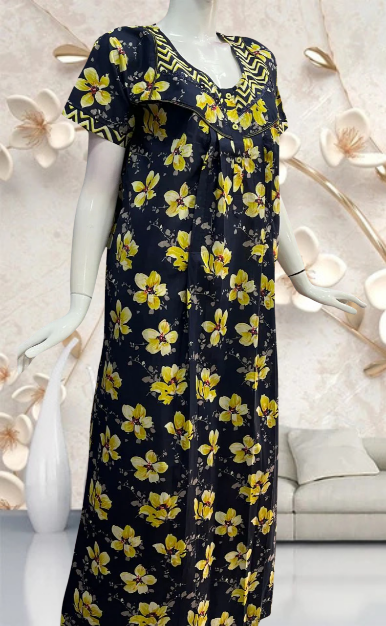 Navy Blue/Yellow Garden Pure Cotton Feeding Nursing Nighty . Pure Durable Cotton | Laces and Frills