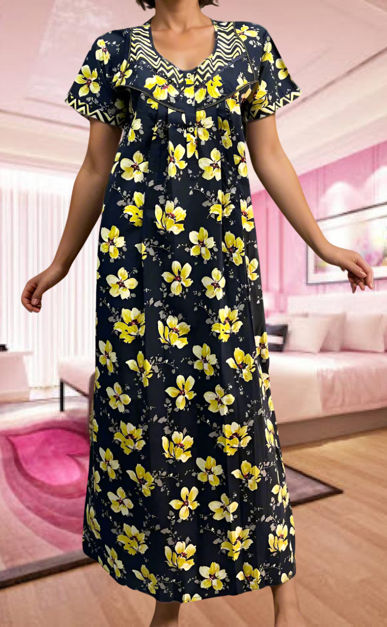 Navy Blue/Yellow Garden Pure Cotton Feeding Nursing Nighty . Pure Durable Cotton | Laces and Frills - Laces and Frills