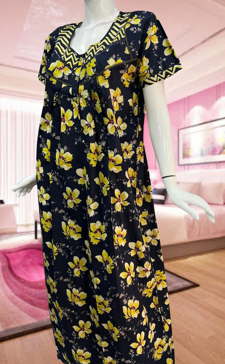 Navy Blue/Yellow Garden Pure Cotton Feeding Nursing Nighty . Pure Durable Cotton | Laces and Frills - Laces and Frills