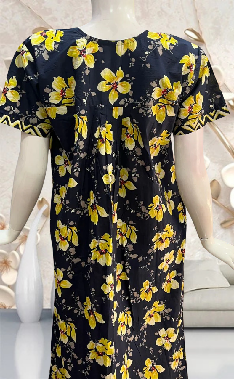 Navy Blue/Yellow Garden Pure Cotton Feeding Nursing Nighty . Pure Durable Cotton | Laces and Frills