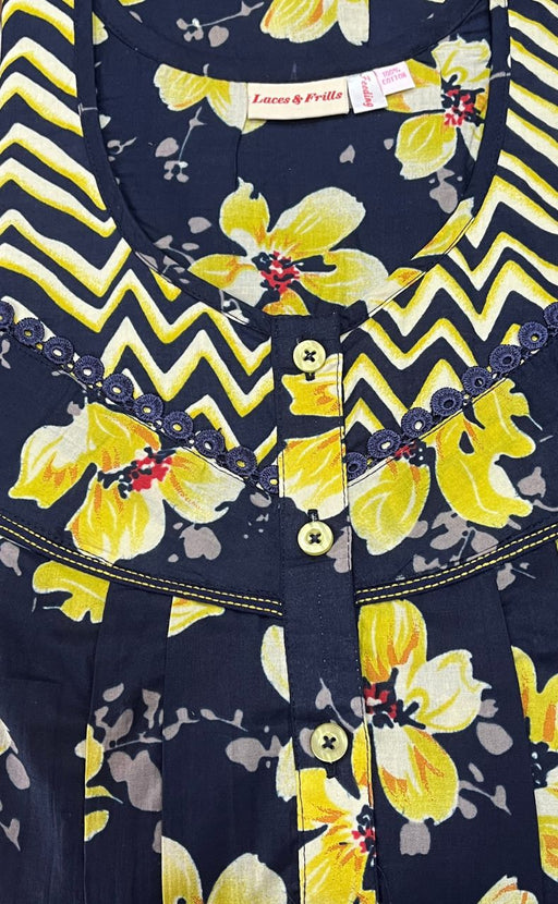 Navy Blue/Yellow Garden Pure Cotton Feeding Nighty . Pure Durable Cotton | Laces and Frills - Laces and Frills