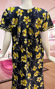 Navy Blue/Yellow Garden Pure Cotton Feeding Nursing Nighty . Pure Durable Cotton | Laces and Frills - Laces and Frills