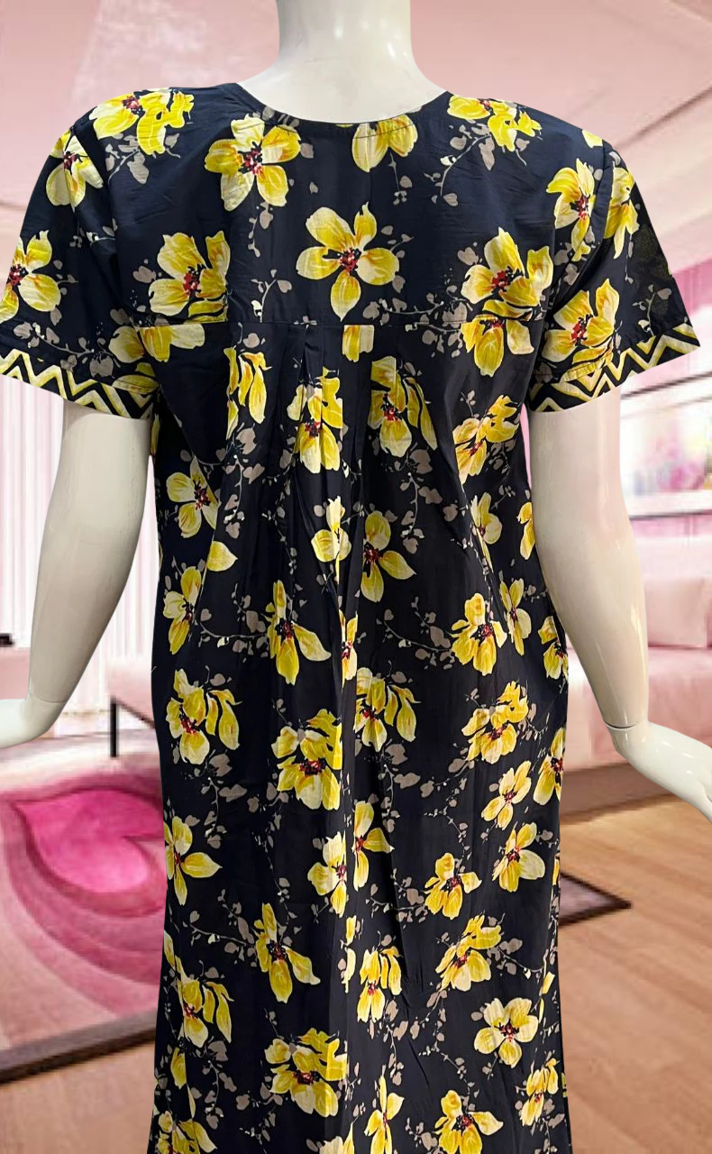 Navy Blue/Yellow Garden Pure Cotton Feeding Nursing Nighty . Pure Durable Cotton | Laces and Frills - Laces and Frills