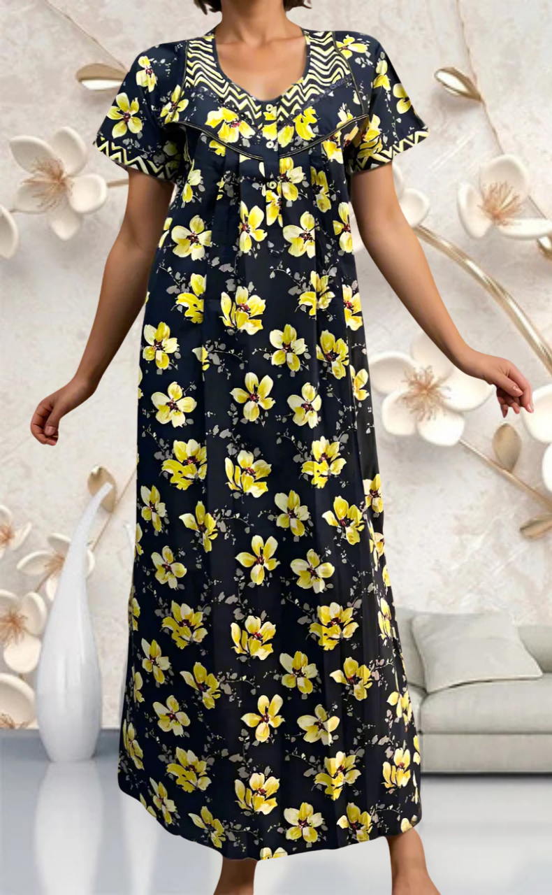 Navy Blue/Yellow Garden Pure Cotton Feeding Nursing Nighty . Pure Durable Cotton | Laces and Frills