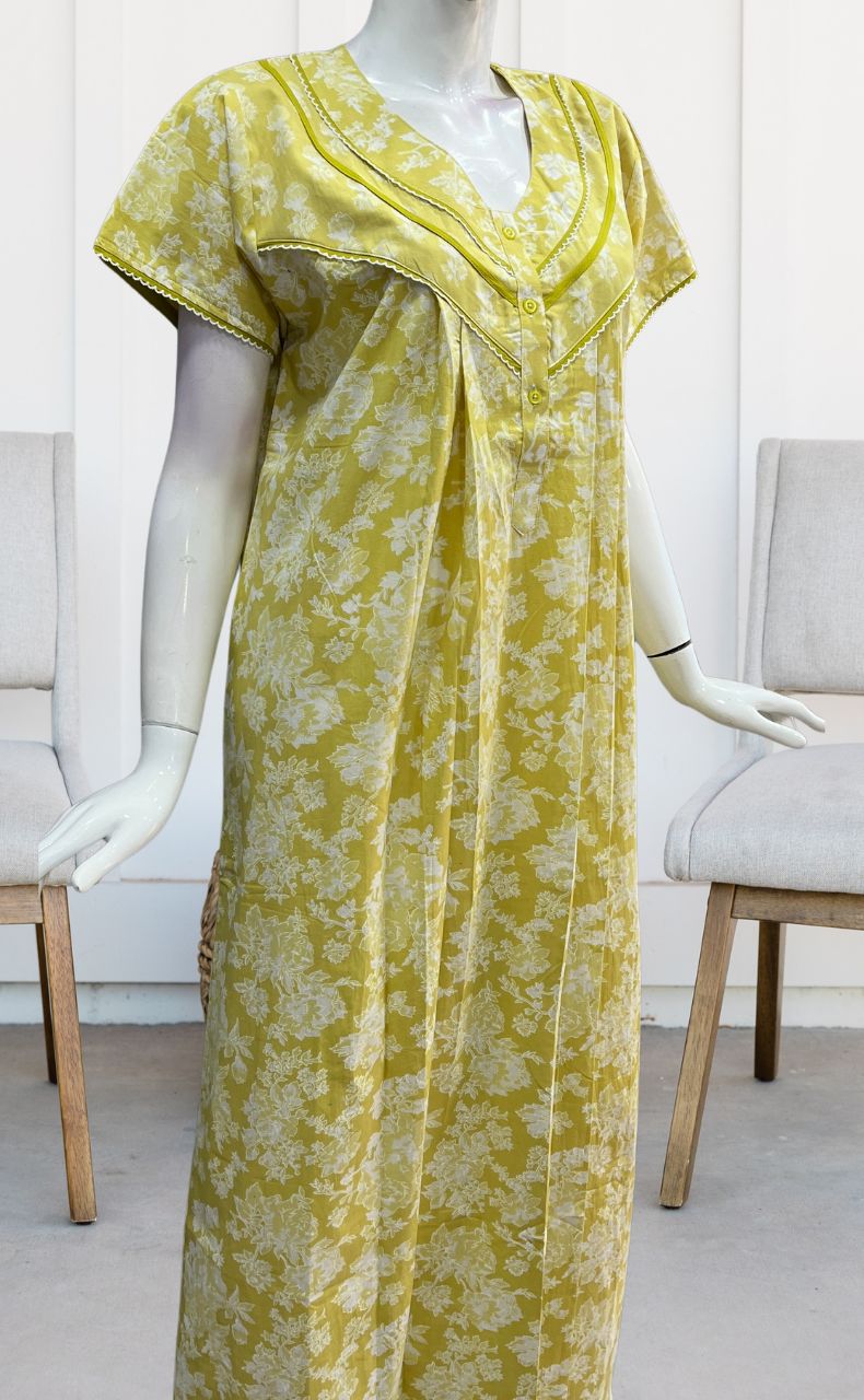 Yellow Floral Pure Cotton Nighty. Pure Durable Cotton | Laces and Frills - Laces and Frills