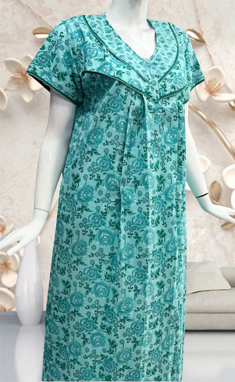 Sea Green Garden Pure Cotton Feeding Nursing Nighty . Pure Durable Cotton | Laces and Frills