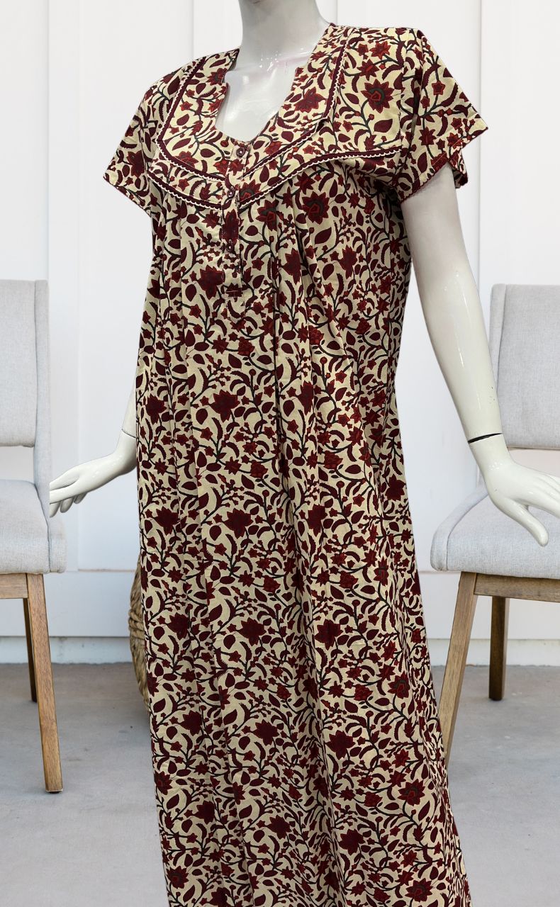 Off White/Red Garden Pure Cotton Nighty. Pure Durable Cotton | Laces and Frills - Laces and Frills